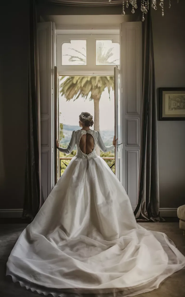 Novia mirando por la ventana vista de espaldas